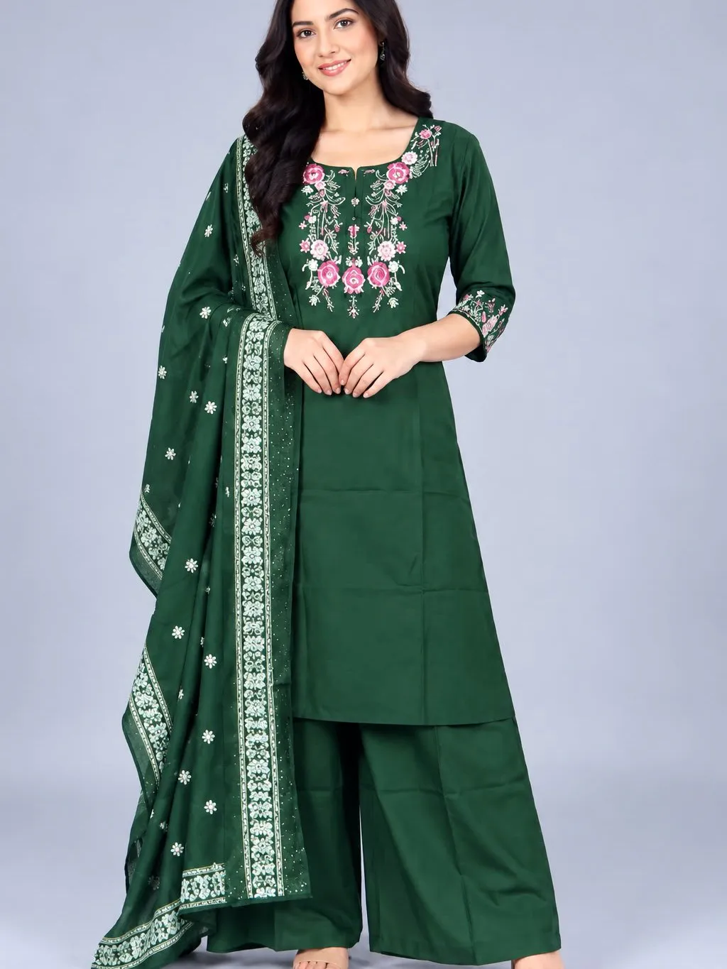 Women’s Pink Embroidered Kurta Pant & Dupatta 3-Piece Set | Stylish Ethnic Wear Suit Set