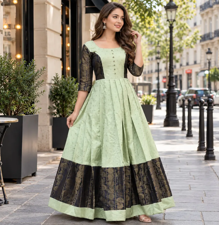 Women’s Mint Green & Black Ethnic Gown with Brocade Bord