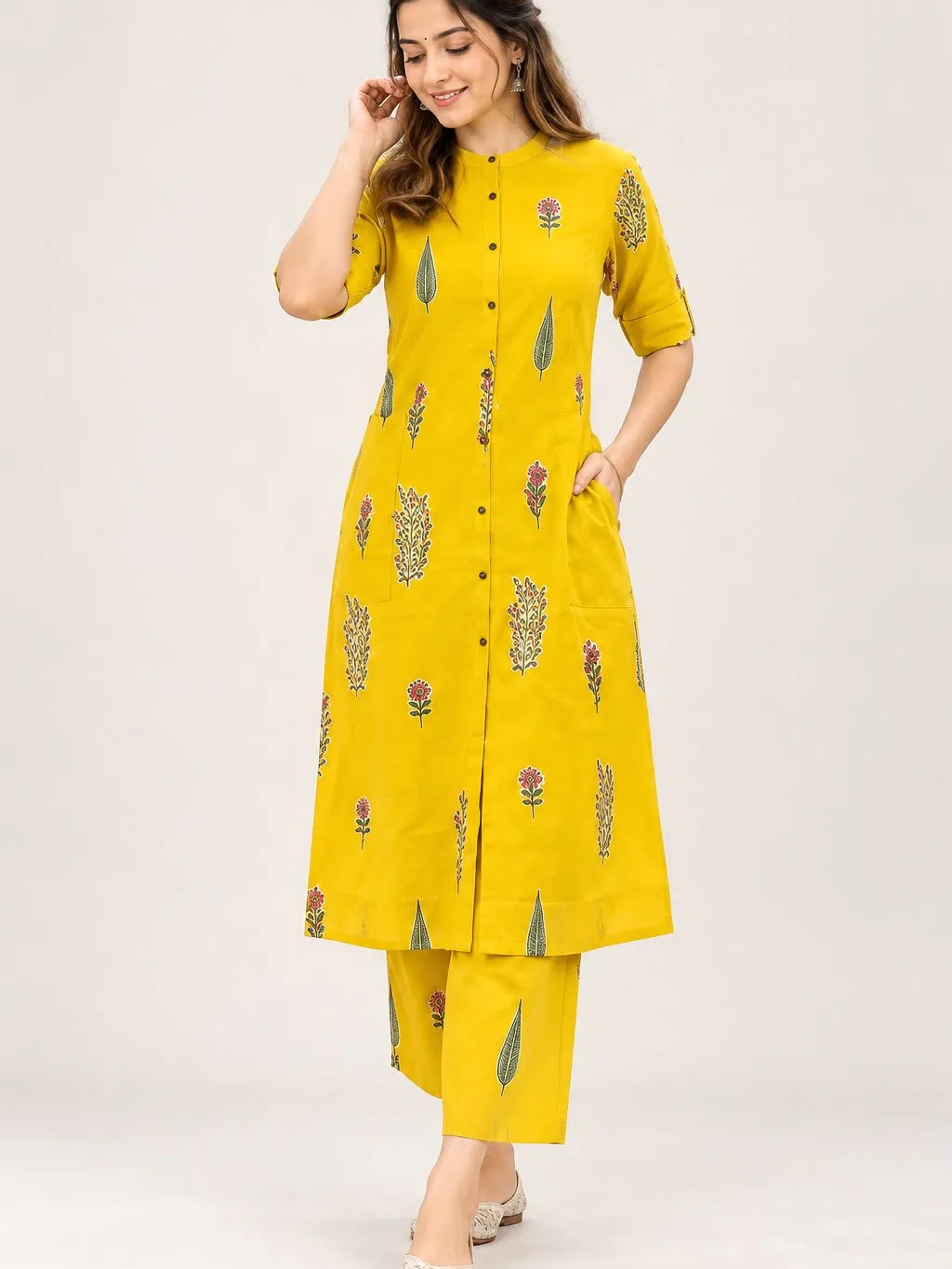 Women’s Yellow Floral Printed Kurta Pant Set