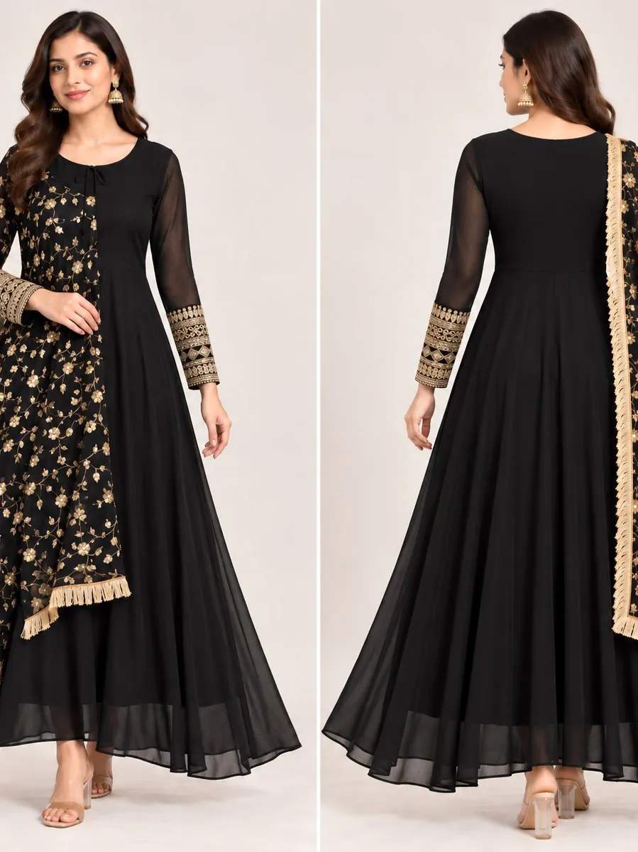 Woman's Black Anarkali Gown with Golden Embroidered Dupatta – Ethnic Party Wear
