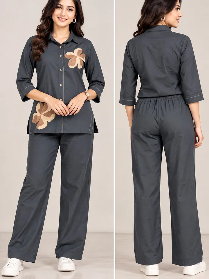 Women’s Charcoal Grey Co-Ord Set with Floral Embroidery