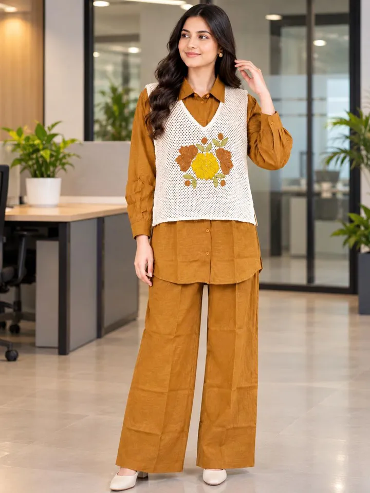 Women’s Korean Style Co-Ord Set in Imported Fabric with Floral Crochet Ve