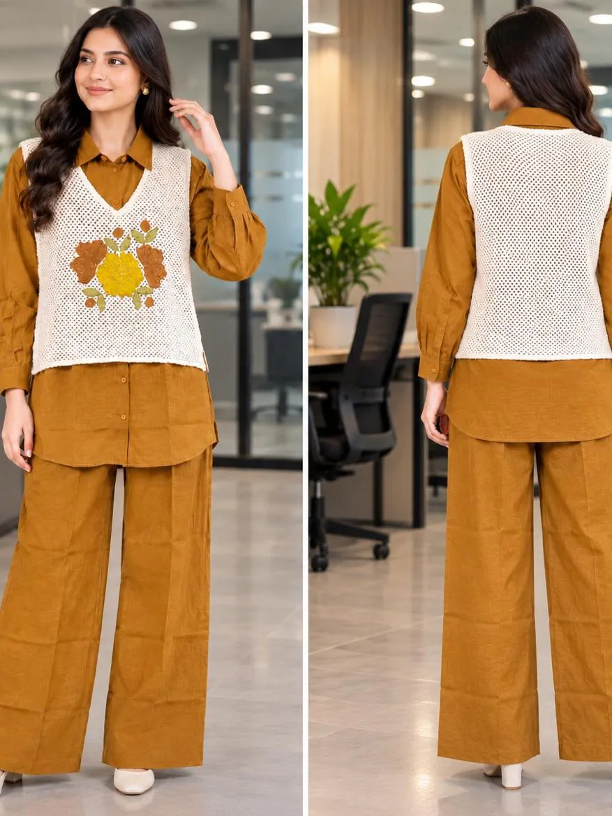 Women’s Korean Style Co-Ord Set in Imported Fabric with Floral Crochet Ve