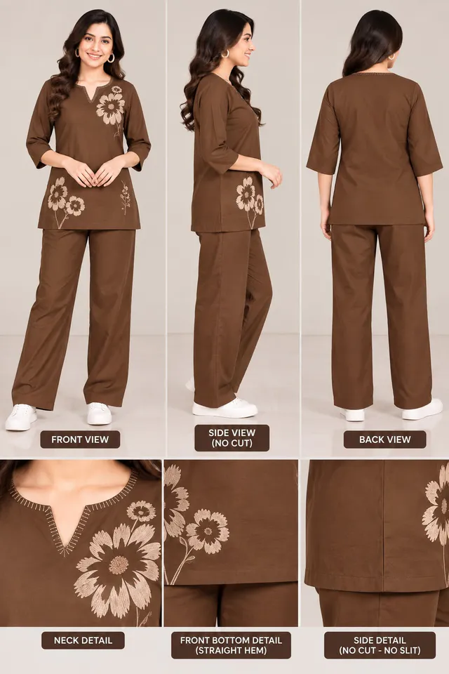 Women's Coffie Co-Ord Set with Floral Embroidery