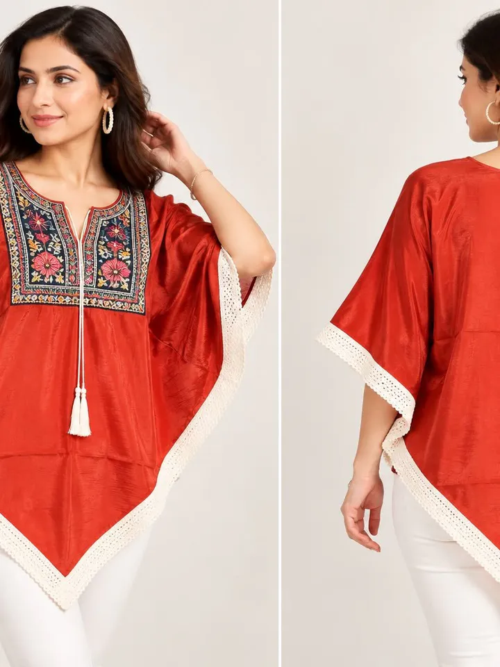 Women's Stylish Embroidered Kaftan Poncho Top with Lace Border