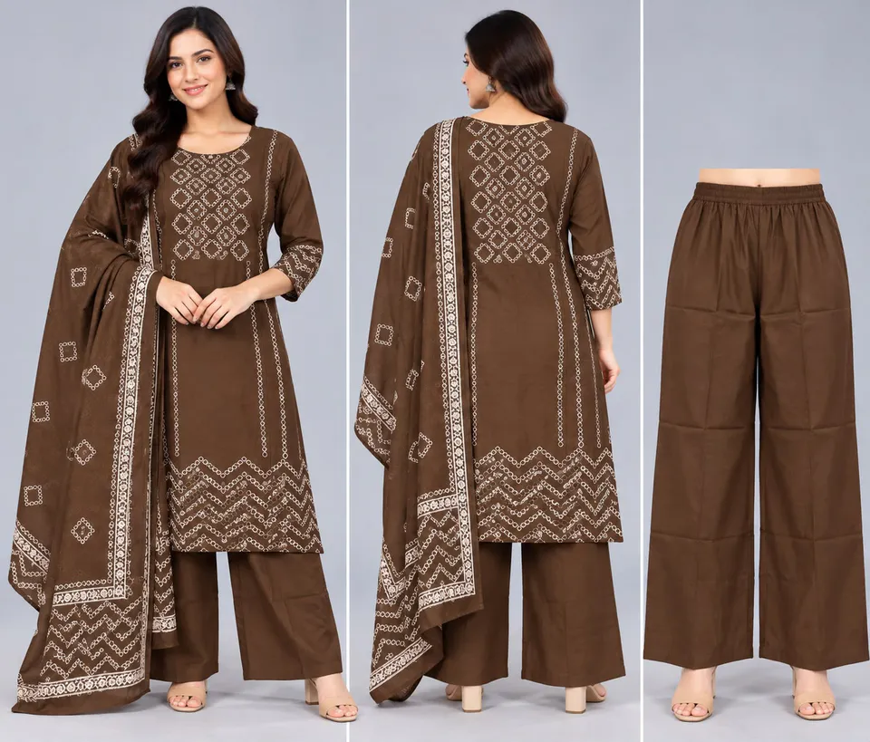 Women’s Brown Printed Kurta Pant & Dupatta 3-Piece Set | Stylish Ethnic Wear Suit Set