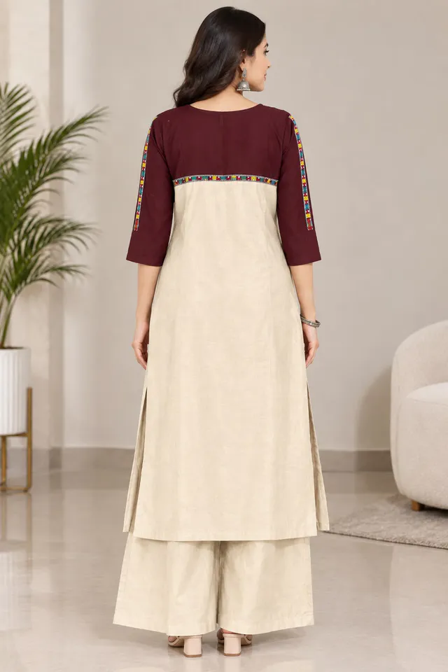 Women’s Maroon & Cream Rayon Two-Piece Kurti Set