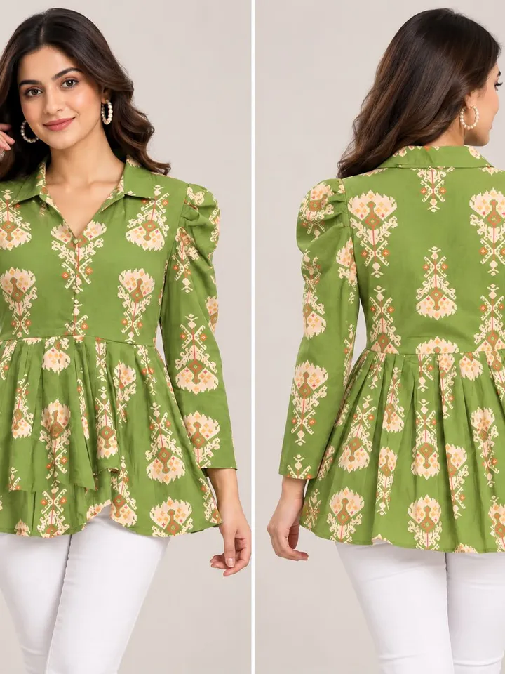 Woman's Green Printed Peplum Tunic 