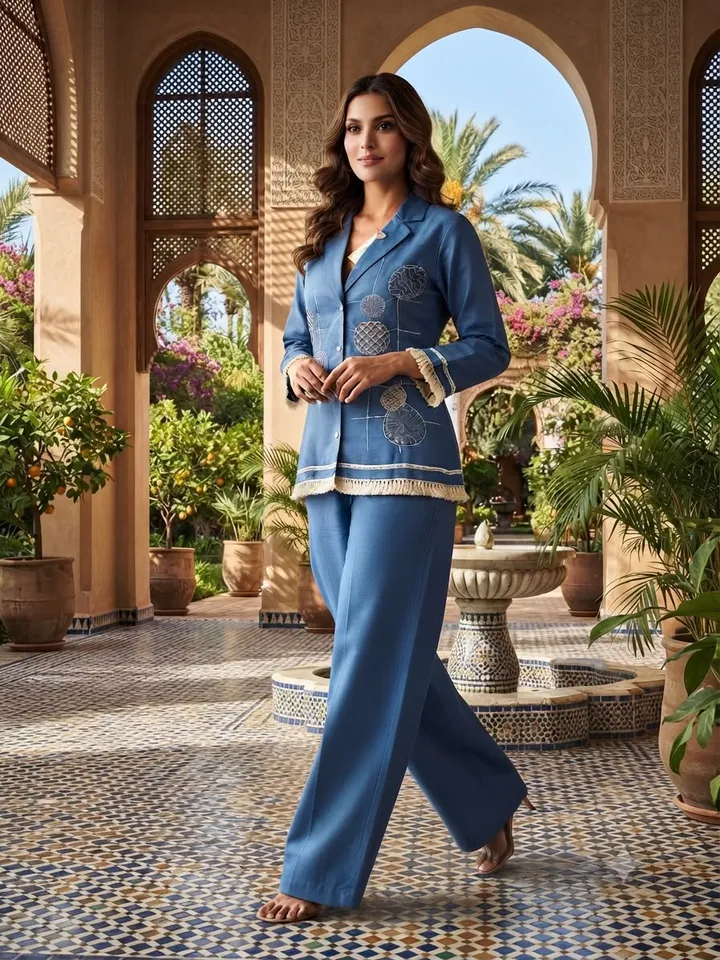 Women’s Blue Embroidered Two-Piece Co-Ord Set