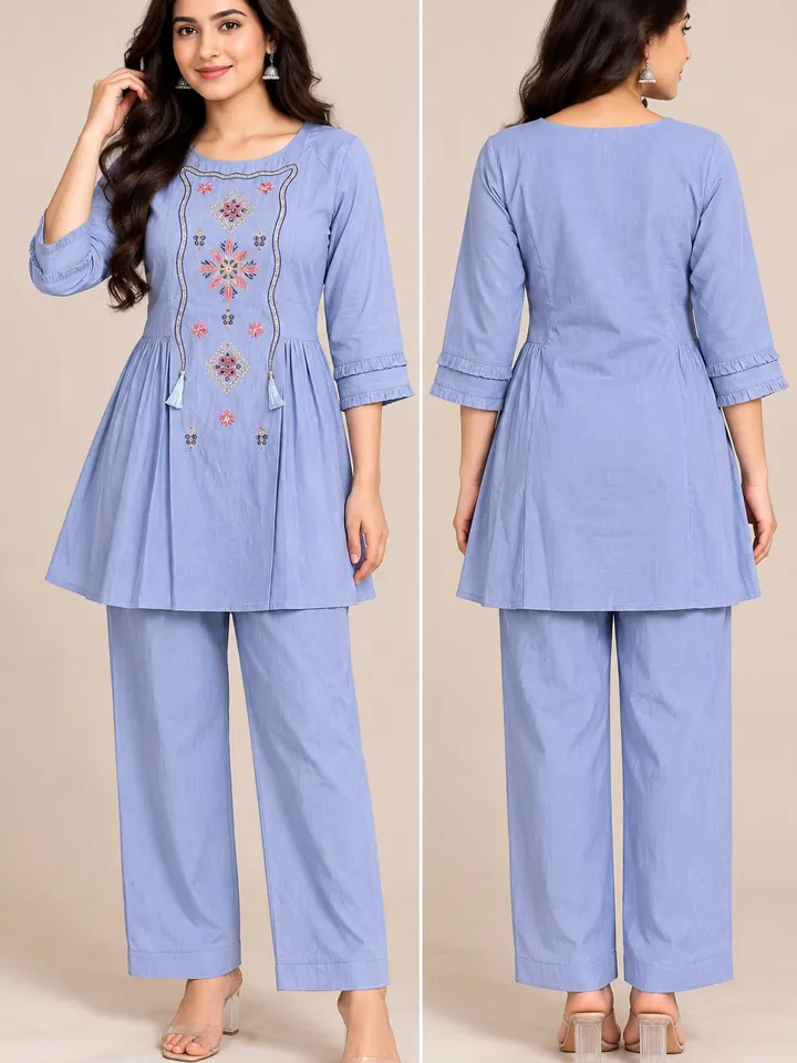 Women’s Lavender Blue Embroidered Kurta Pant Set