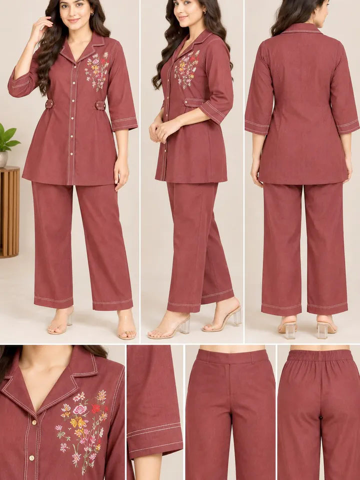 Women’s Maroon Embroidered Two-Piece Co-Ord Set