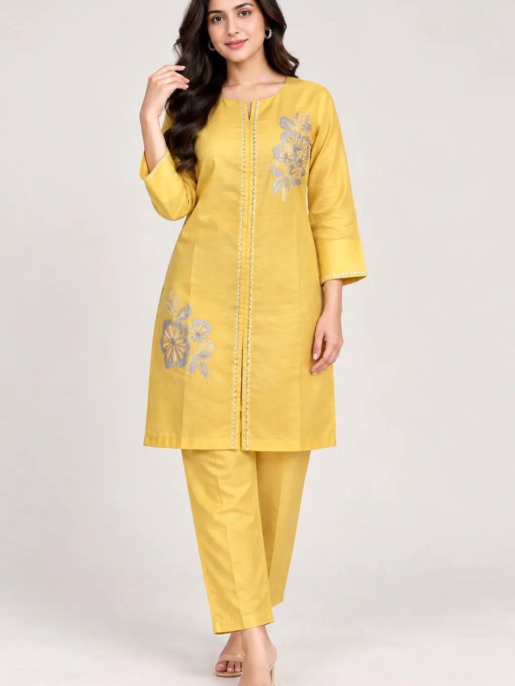 Women'S Mustard Yellow Embroidered Kurta Pant Set for Women