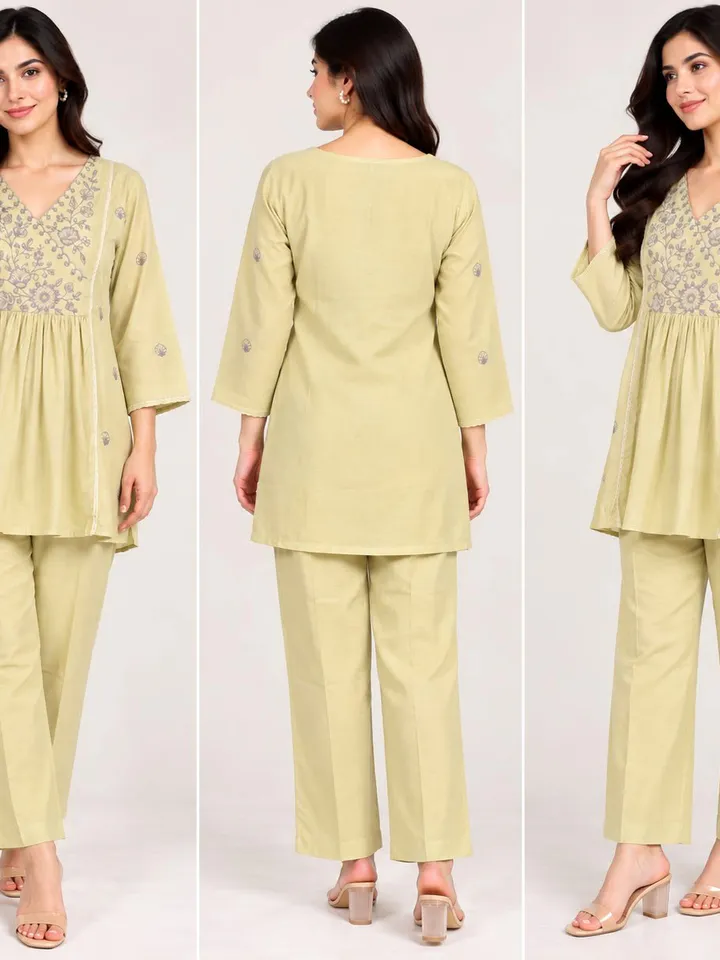 Women's Pastel Pista Green Embroidered Kurta Pant Set for Women