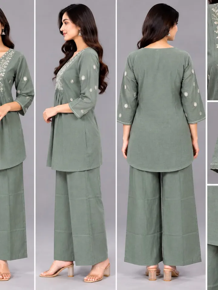 Women’s Sage Green Embroidered Co-Ord Set with Wide-Leg Pants