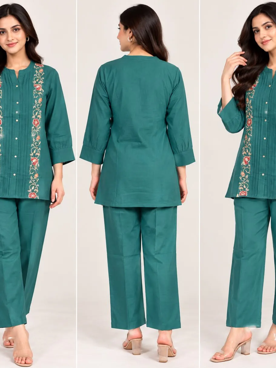 Women'S Teal Green Embroidered Kurta Pant Set for Women