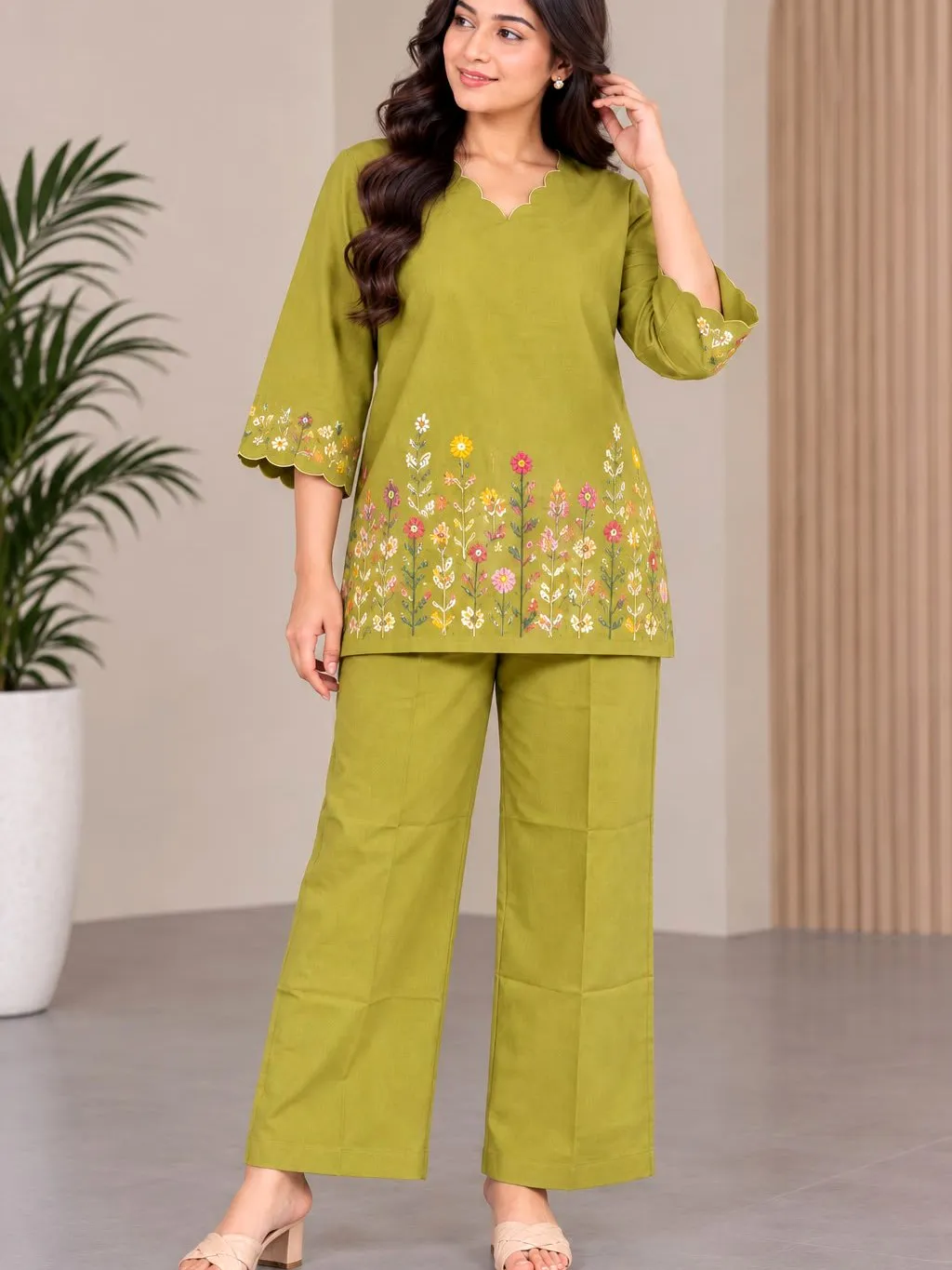 Women’s Olive Green Floral Embroidered Co-Ord Set