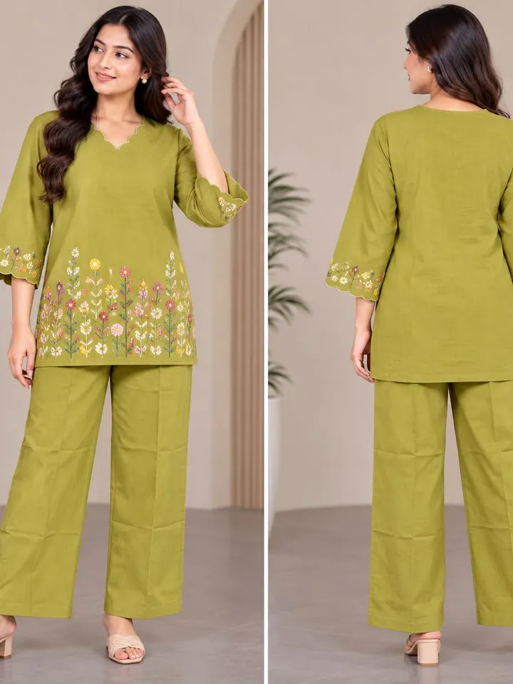 Women’s Olive Green Floral Embroidered Co-Ord Set