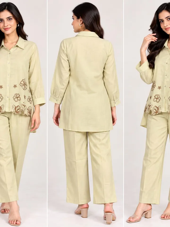 Women's Light Beige Floral Embroidered Shirt Pant Set for Women