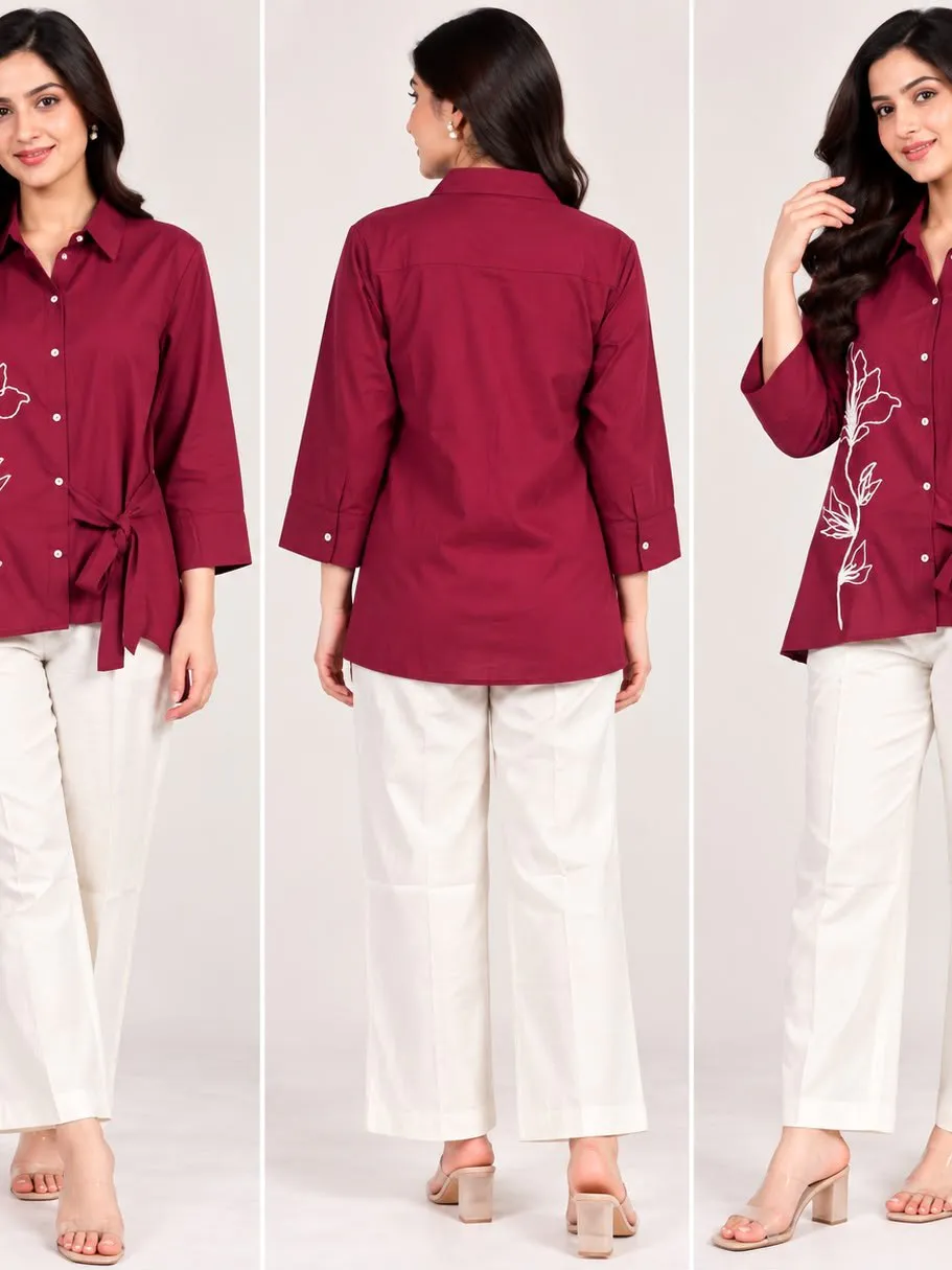 Women'S aroon Embroidered Shirt with White Pants Set for Women