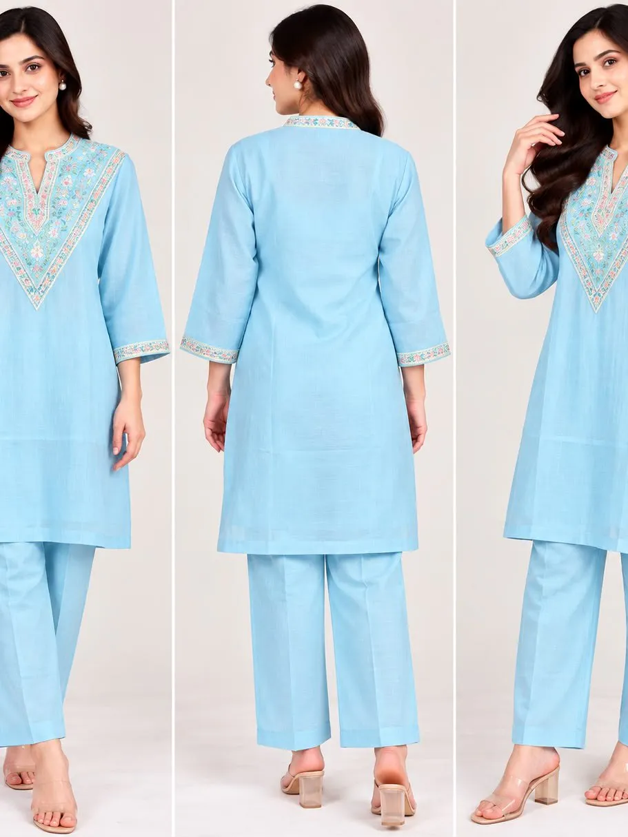 Women'S Sky Blue Embroidered Kurta Pant Set for Women