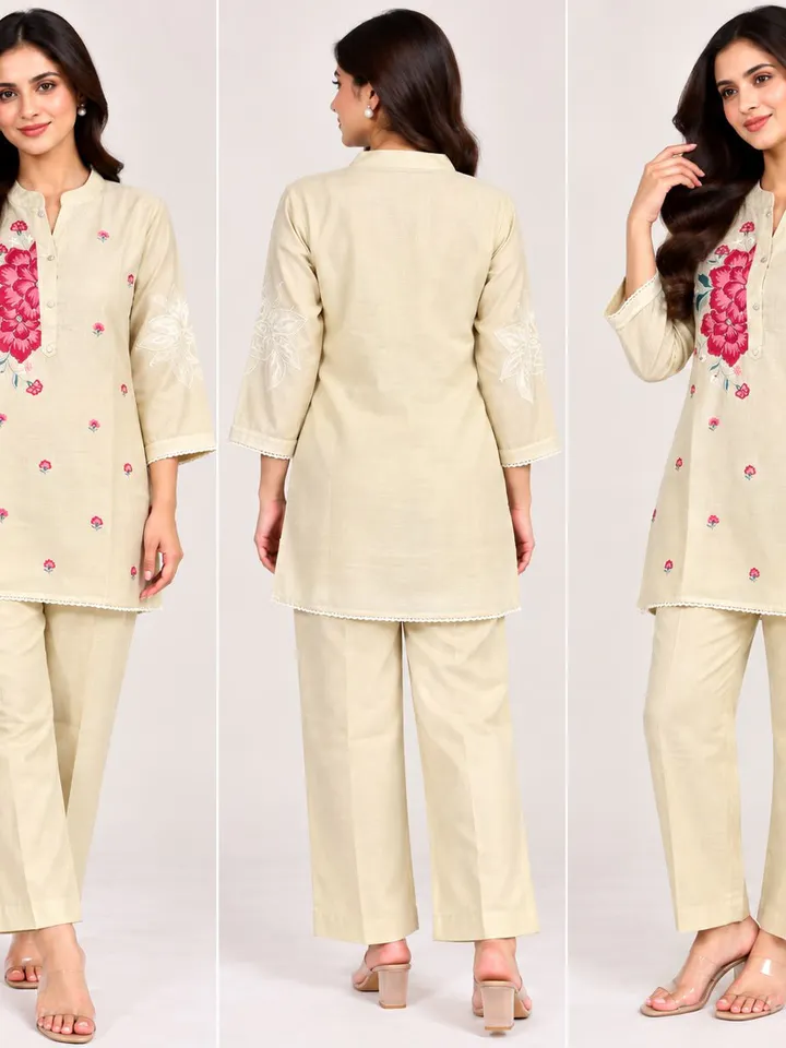 Women's Cream Floral Embroidered Kurta Pant Set for Women