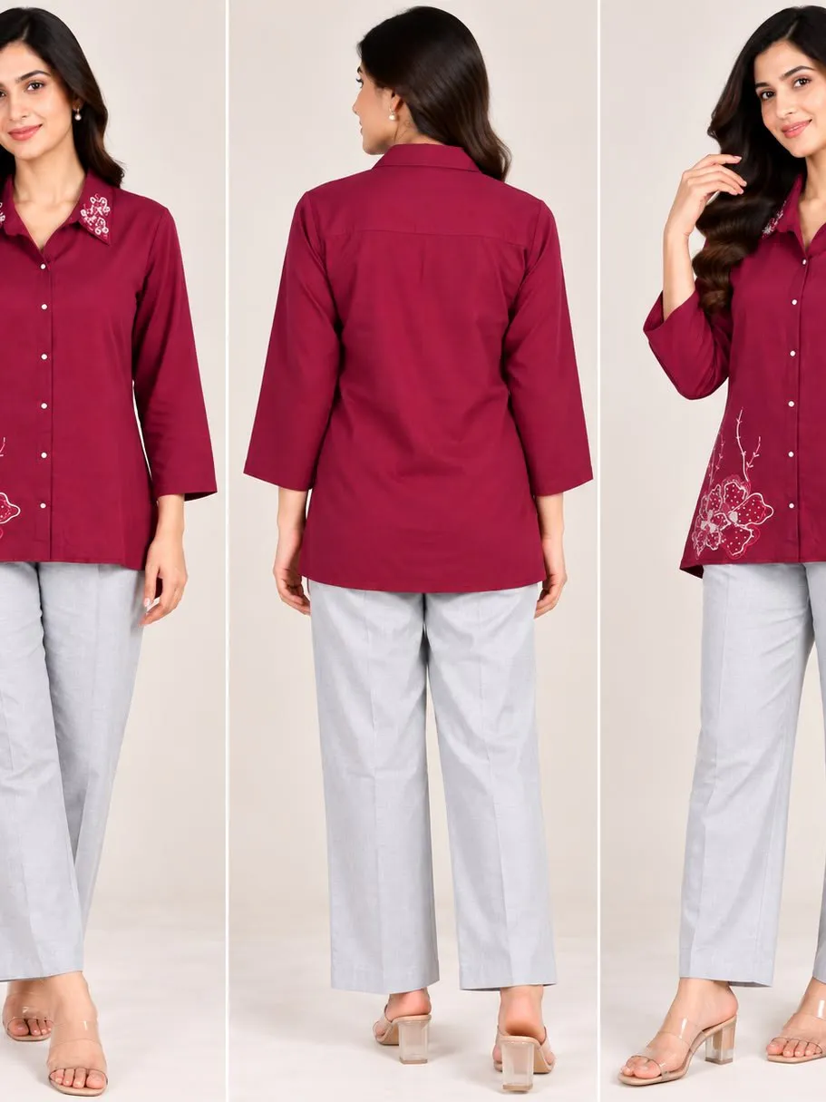 Women'S Maroon Embroidered Shirt and Light Grey Pant Co-Ord Set for Women