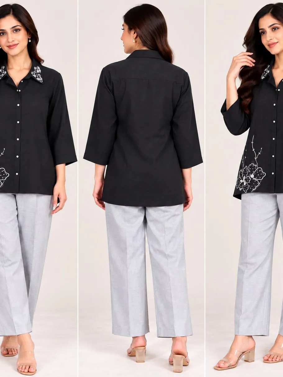Women'S Black Floral Embroidered Shirt and Light Grey Pant Co-Ord Set for Women