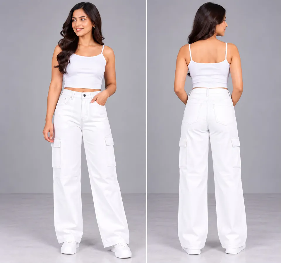 Women’s White Cargo Straight Fit Denim Jeans with Side Pockets