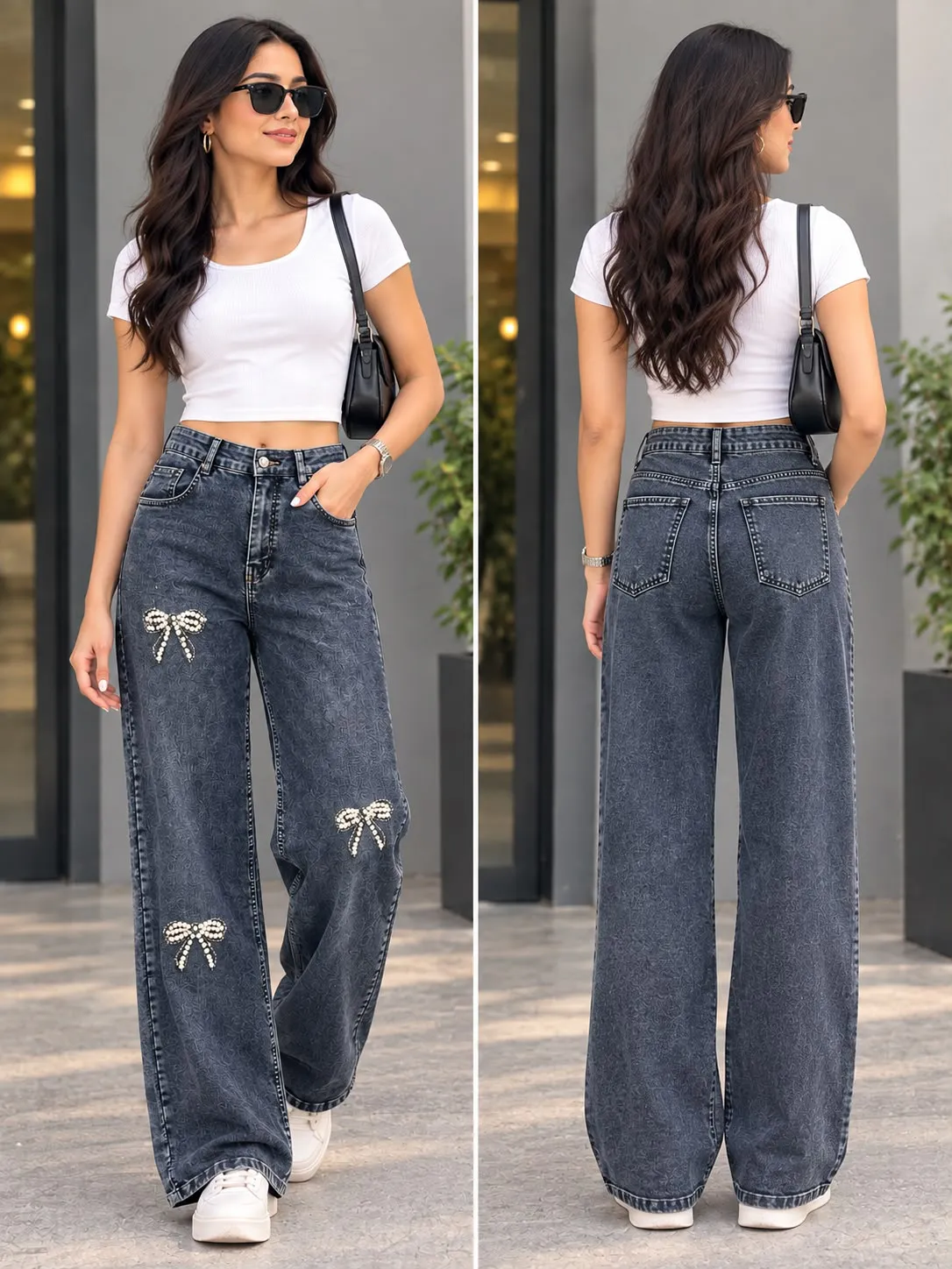 Woman'S High-Waist Straight Fit Pearl And Diamond Jeans