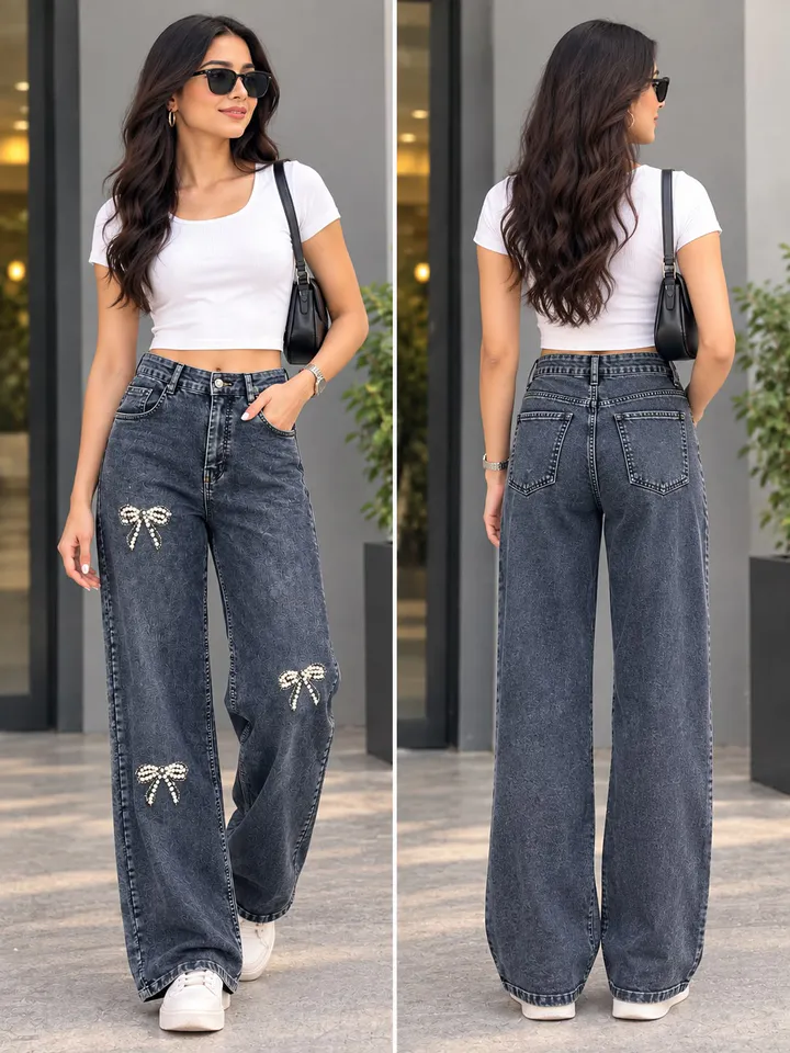 Woman's High-Waist Straight Fit Pearl And Diamond Jeans