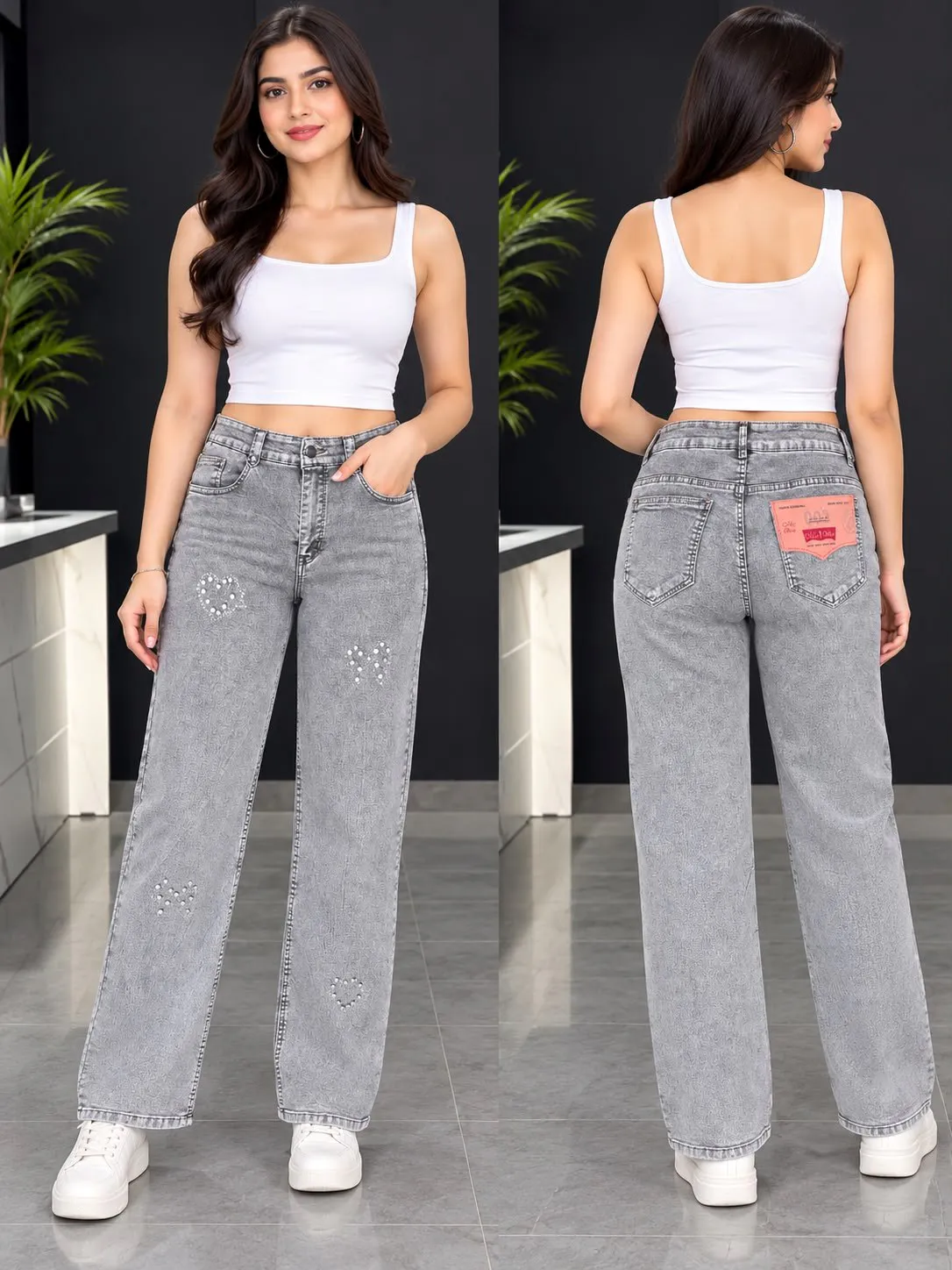 Woman'S High-Waist Straight Fit Pearl And Diamond Jeans