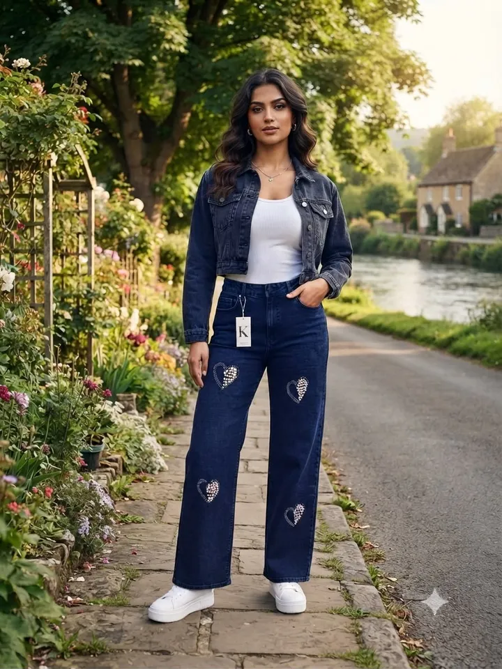 Women’s Dark Blue Straight Fit Jeans with Heart Diamond Work