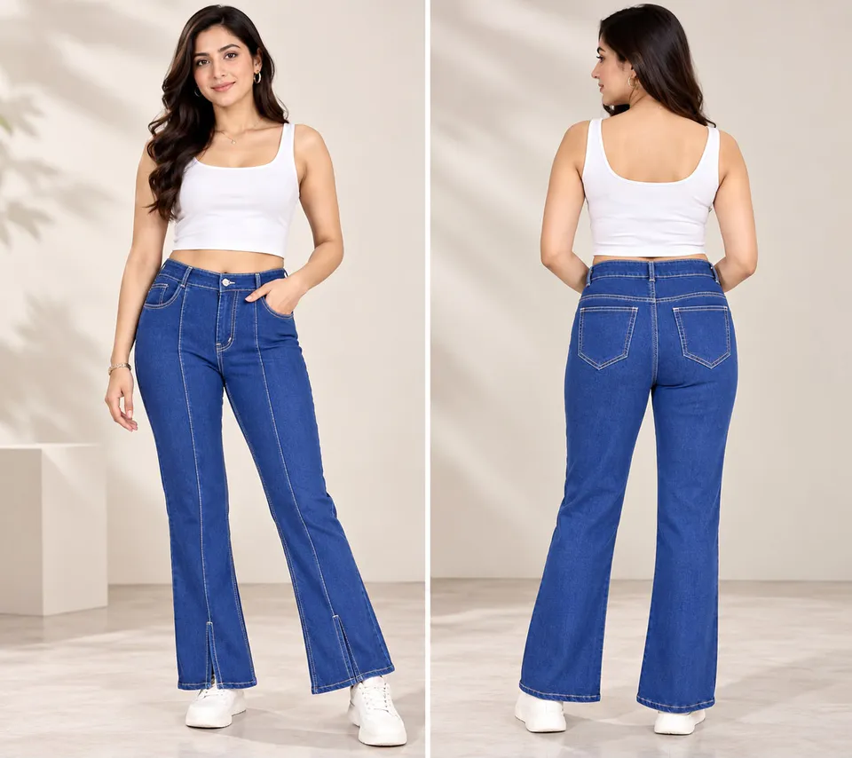 Women’s Navy Blue Bootcut Jeans with Contrast Stitching