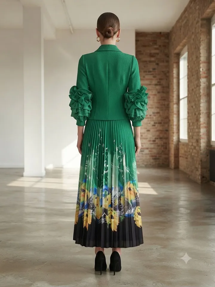 Women’s Premium Lime Green Blazer Style Top with Floral Printed Pleated Long Skirt