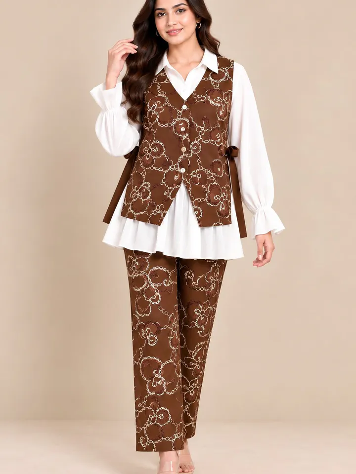 Women’s Premium Brown Embroidered Co-Ord Set with White Ruffle Shirt & Straight-Fit Pants